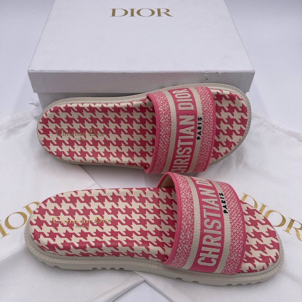 Dior Women Dway Slide Peony Pink Embroidered Cotton with Micro Houndstooth Motif - Picture 2 of 9